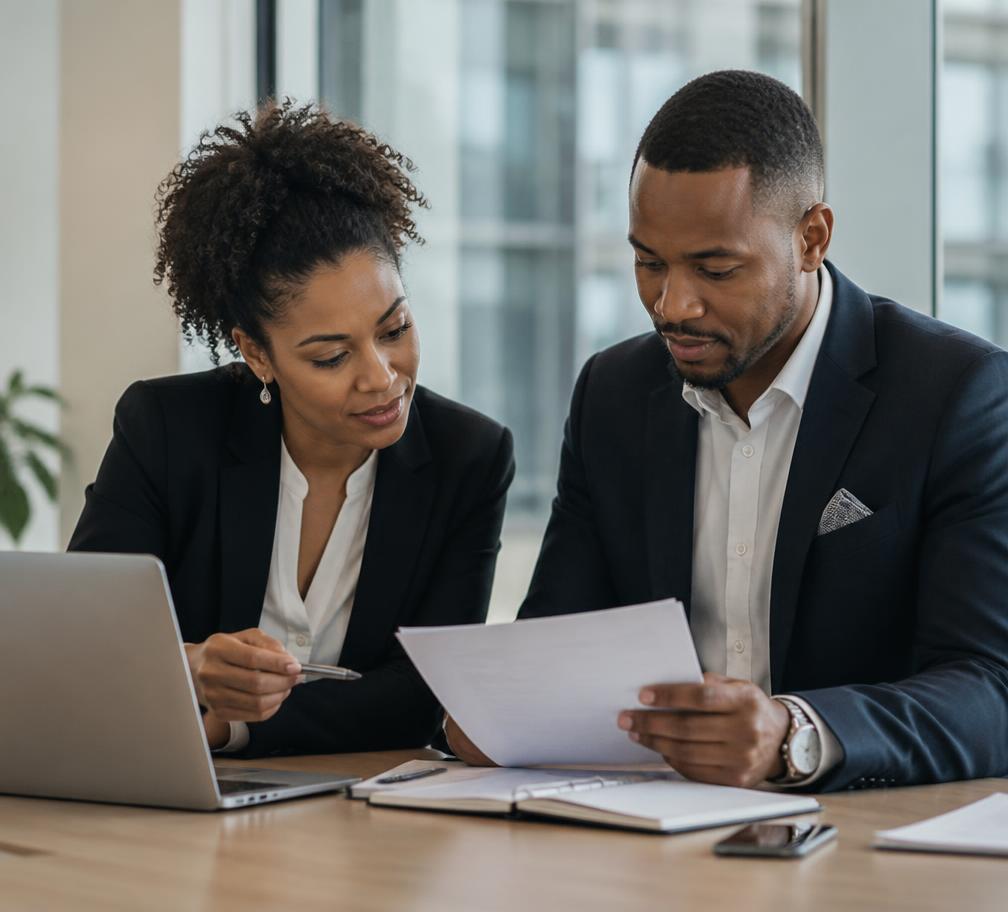 Two South African finance professionals reviewing tender documents